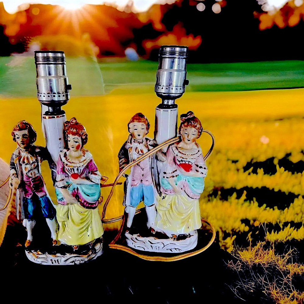 Two Vintage Victorian Couple Figurine Lamps  Made in Japan 10.25 “ Tall  Tested